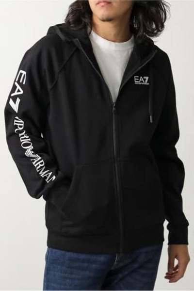 EA7 Erkek Tam Kalıp Kolu Logolu Fermuarlı Kapüşonlu Sweatshirt - Siyah