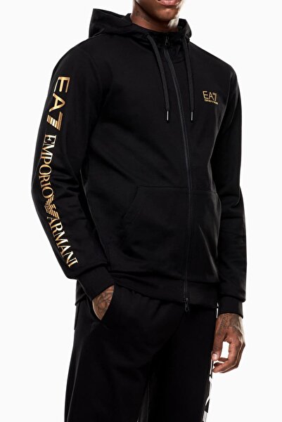 EA7 Erkek Tam Kalıp Kolu Büyük Logolu Fermuarlı Kapüşonlu Sweatshirt - Siyah/Altın