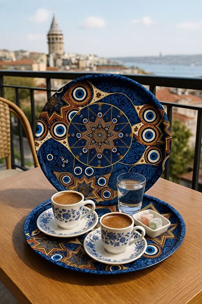 ATAGİFT HEDİYELİK صينية عرض معدنية خفيفة الوزن بنقشة العين الزرقاء – صينية دائرية مزخرفة بقطر 30 سم