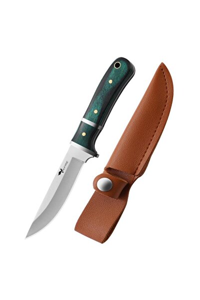 valkyrie 3CR14MOV Paslanmaz Çelik Av Bıçağı – Ahşap Saplı, Kılıflı Kamp ve Outdoor Bıçağı Yeşil