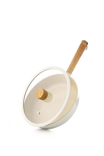 Sensarte مقلاة باسيكا سيراميك غير لاصقة 26 سم مع غطاء زجاجي - أبيض