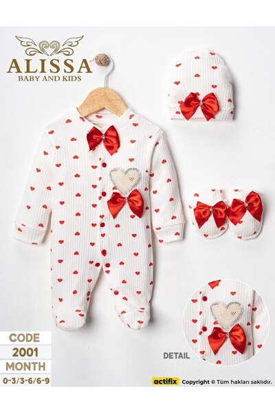 babytune Kız Bebek Şapkalı Eldivenli Kalp Desenli Fiyonklu Uzun Kollu Çıtçıtl...