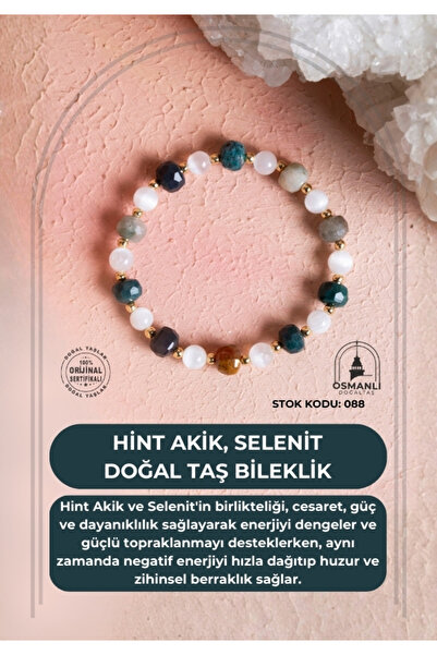 OSMANLI DOĞAL TAŞ Certified Indian Agate, Selenite Natural Stone Bracelet (Sk:088)
