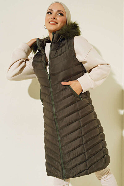modabirsen Furry Hooded Hijab Puffer Vest Khaki