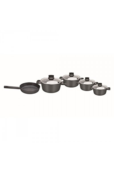 Zilan 9-piece cookware set, marble-ceramic 5-layer, soft-touch, glass lids, black