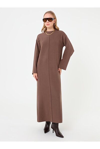 Benin Soft Buttoned Stitching Detailed Hijab Dress - Mink -