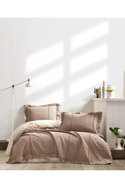 Şaheser Home Collection Tziana Jakarlı Yatak Örtüsü Seti, Fırfır Kenar Detayl...
