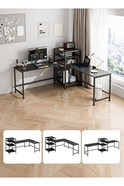 Bojasmiial طاولة كمبيوتر زاوية على شكل حرف L مع رف كتب للمكتب المنزلي أو الدراسة أو الألعاب