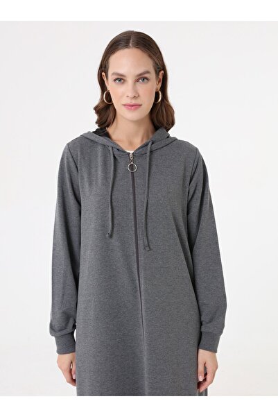Benin Kapüşon Detaylı Fermuarlı Spor Kap / Pardesü - Gri Melanj -