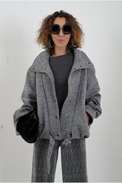 Zelish My Sister Gray Melange Bomber Jacket with Pleated Back