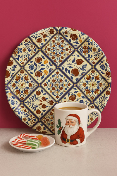 ATAGİFT HEDİYELİK Tile Patterned Light Metal Tray 30 cm - Presentation Tray