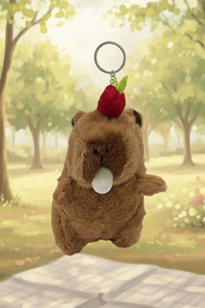 ww waka waka kids store Breloc de pluș Capybara |   Ornament pentru geantă cu breloc drăguț cu capibara în pălărie de căpșuni