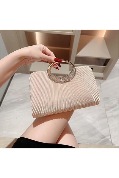NeednStore Kadın Piliseli Parlak Kumaş Zirkon Taşlı Şık Abiye Çanta - Manyetik Kapanışlı El ve Omuz Çantası