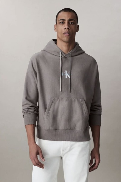 Calvin Klein Erkek Tam Kalıp Kapüşonlu Logo Baskılı Sweatshirt - Gri