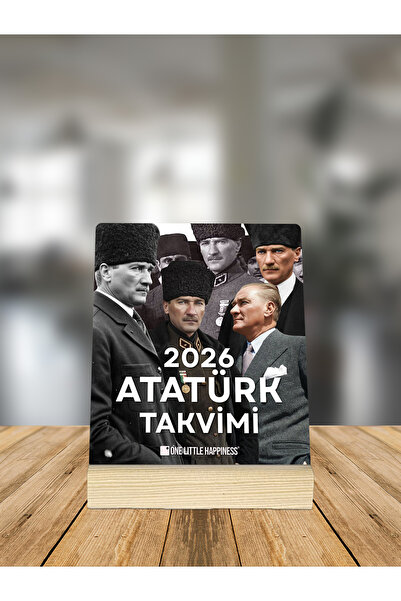One Little Happiness 2026 ATATÜRK Temalı Ahşap Standlı Masaüstü Takvim, Özel Tasarım Masa Takvimi