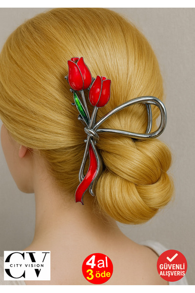 cityvision Agrafă de păr din metal de culoare negru-roșu cu figurină de lalele