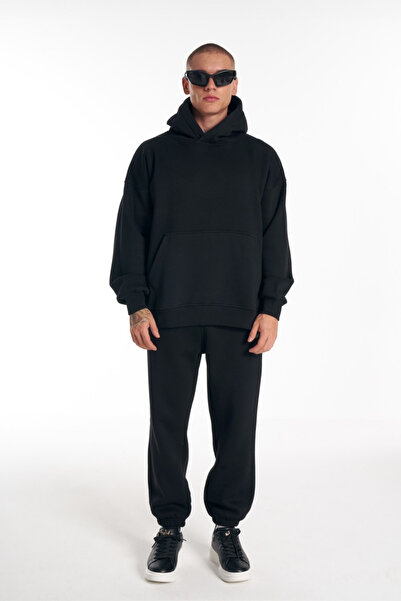 prtnc protonic Men's 3 Thread Tracksuit Set Black Winter with Elasticated Cuffs