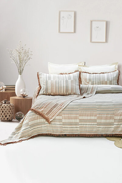 Şaheser Home Collection Lia Jakarlı Müslin Yatak Örtüsü Seti, Doğal Dokulu, Ç...