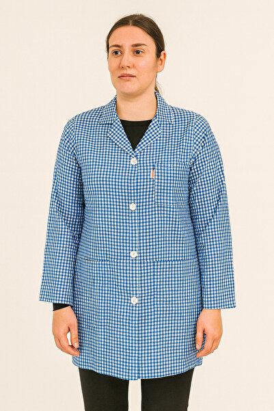 Kardelen İş Elbiseleri Gingham Patterned Long Sleeve Women's Work Apron – Comfortable, Durable, and Stylish Model