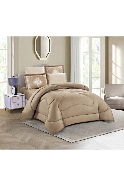 Noon East Premium King 6-piece Comforter Set - 200x200 cm, Reversible Microfiber, Light Beige