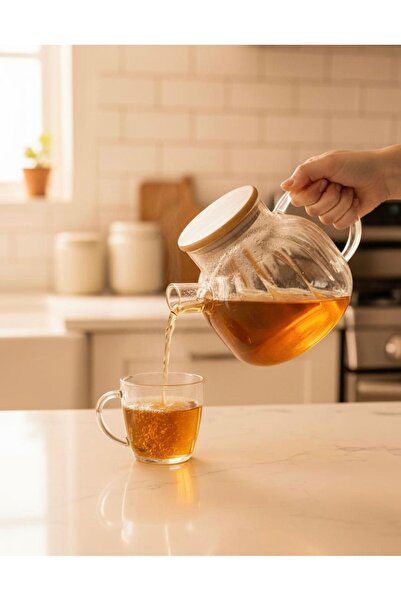 mutfak Bambu Kapaklı Borosilikat Cam Çaydanlık