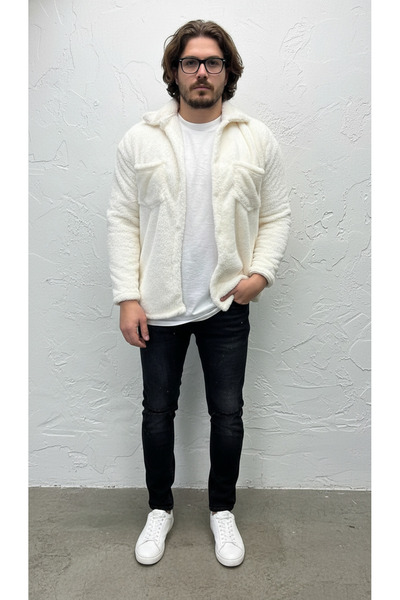 Fifty Color Men's White, Buttoned, Pocket Detail, Plush, Sherpa, Fur Collar, Textured, Shirt, Jacket