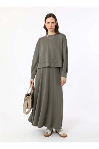 Benin Soft Textured Comfortable Sweatshirt & Skirt Set - Khaki -