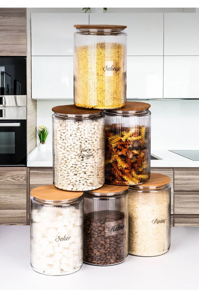 mafa home مجموعة من 6 برطمانات زجاجية واسعة الفوهة مخططة سهلة التنظيف لتخزين الحبوب والمواد الغذائية سعة 1000 مل