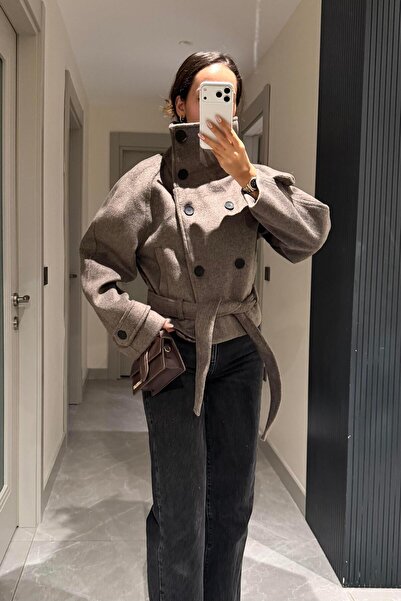 Nazliye Kahve Premium Midi Kaşe Kaban