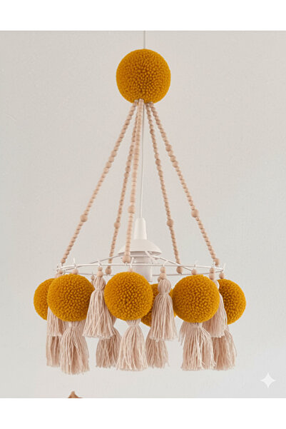 NGAHOME El Yapımı Bohem Ahşap Boncuk Avize – Hardal Sarı Ponponlu & Püsküllü ...