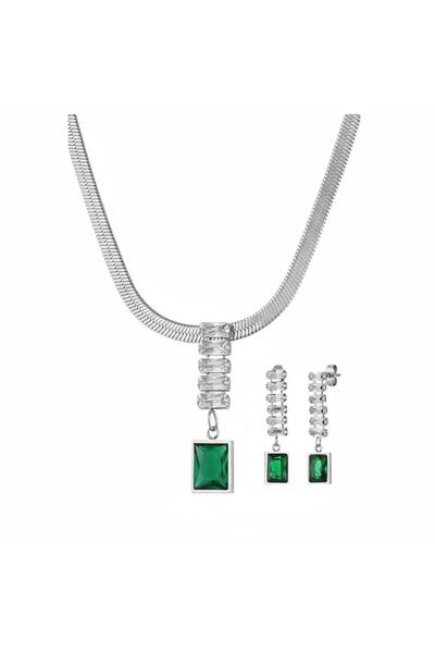 Forentina Green Stone Silver Color Necklace Earring Combination Set Ps4111