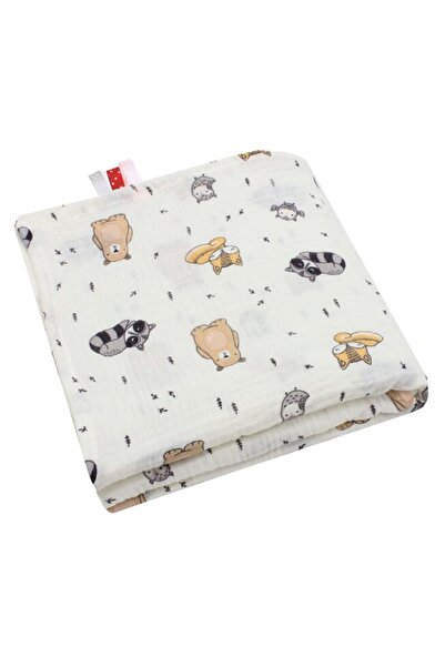 PRICHINDEL Muslin blanket, raccoon and bear, white, 80 x 100 cm