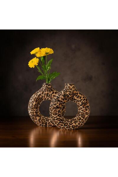 BerLa Home Leopar Desenli 2'Li Bohem Vazo-Modern Aksesuar