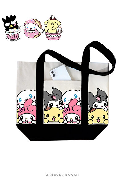 Girlboss Kawaii حقيبة قماشية كبيرة من سانريو فريندز مع جيب، سينامورول، كورومي، بومبومبورين، ميلودي