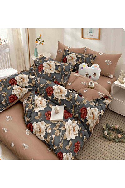 trendyhome Finet Cotton Elastic Bed Linen 6 Pieces, Floral, Brown, W 13