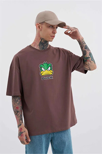 Machinist Unisex Oversized Duck Printed Cotton T-Shirt Plum