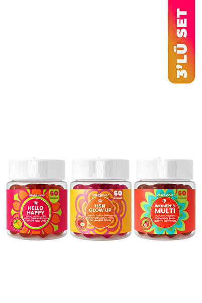 Vitamanner Hello Happy & HSN Glow Up & Womens Multi – 3’lü Gummy Çiğnenebilir...