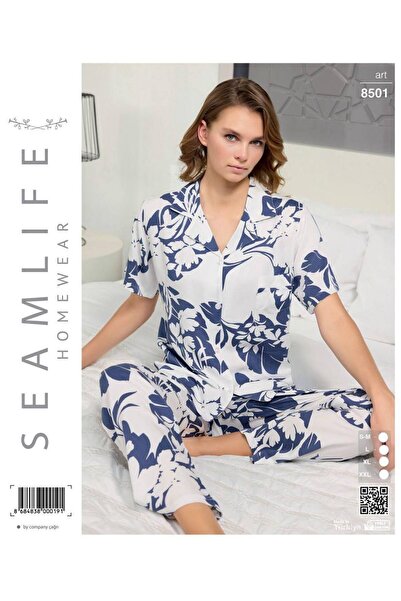 seamlife Women's Short Sleeve Front Button Woven Shirt Pajama Set