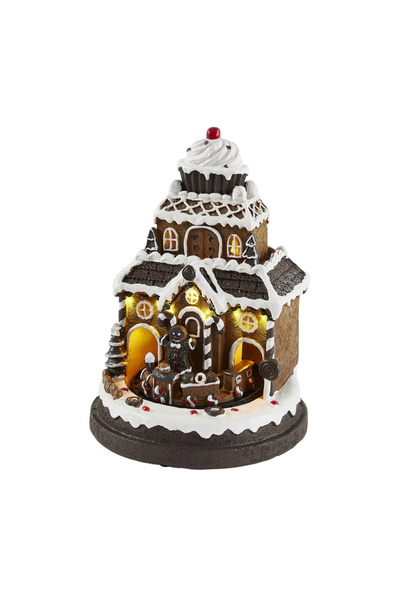 BraziPremium By OLLMA Decorațiune de Crăciun 3D Căsuță din marțipan cu muzică și lumini, 25x19 cm, maro