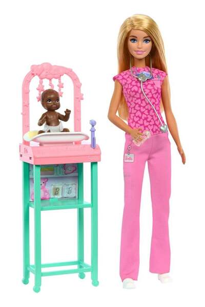 Barbie Baby Doctor Doll with Blonde Fashion Wearing Pink Scrubs, with Accessories & Furniture