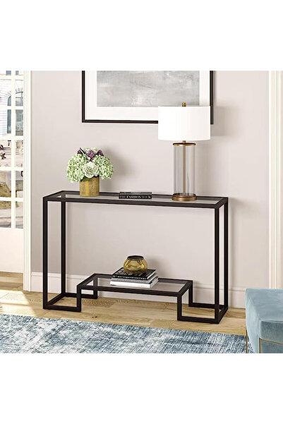 genric طاولة كونسول زجاجية فاخرة من ون ديكور، طاولة أريكة ضيقة بإطار معدني وأرفف زجاجية مجمعة مسبقاً