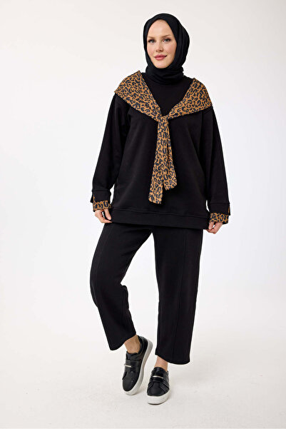 My City 6186 -5293 - Stylish Comfortable 3 Thread Ş Fleece-Lined Women's Set with Leopard Shawl Detail