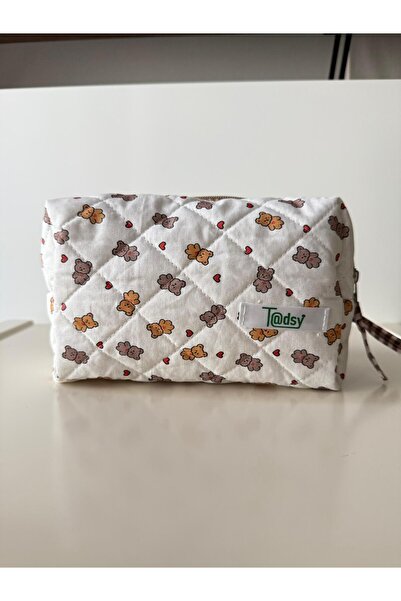 Tadsy Cute Teddy Bear Patterned 100% Cotton Makeup and Cosmetic Bag Medium Si...