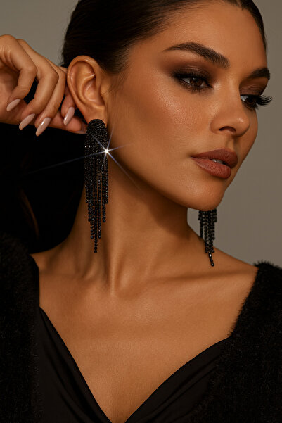 SE Jewellery Collection Selin Ersoy Taşlı Püsküllü Siyah Renk Sallantılı Gece...