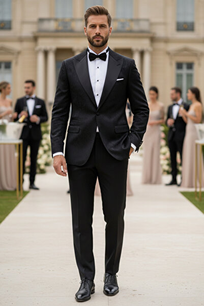 NAZEF Dar Kesim Kırlangıç Yaka Desenli %80 Yün Siyah Damatlık ( ÖZEL TASARIM )