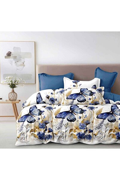 trendyhome 6-Piece Finet Cotton Bedding Set with Elastic, Butterflies, White-Blue, W 29
