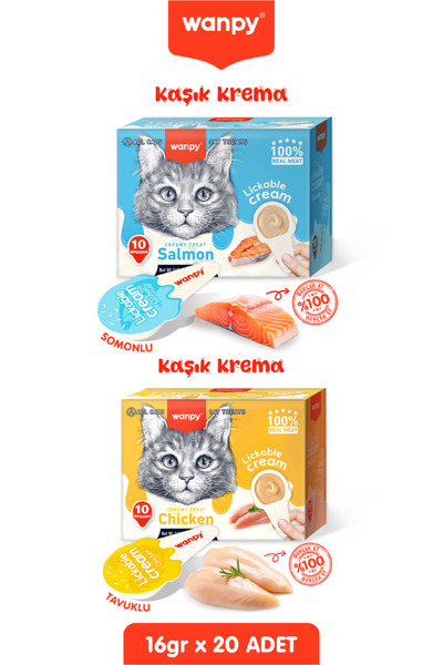 Wanpy 2li Set - Somonlu & Tavuklu Tahılsız Kaşıklı Kedi Ödül Kreması Kedi Ödülü 20 x 16gr