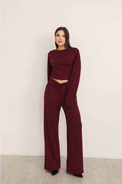 The Robi Women's Burgundy Cross Waist Palazzo Pants Piece Double Suit