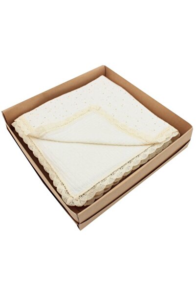 PRICHINDEL Pătură de muselină, buline metalice cu dantelă, fildeș, 100 x 80 cm