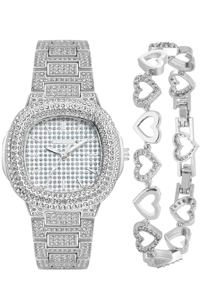 Forentina Gri Zirkon Taşlı Kol Saati-Taşlı Kalp Bileklik PS4137
